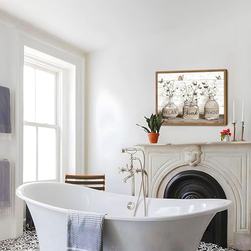 Floating Framed Farmhouse Bathroom Decor Wall Art, Rustic Cotton Pictures Canvas Wall Decor Paintings, Modern Country Rela...
