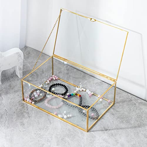 WHSLILR 10.8” Glass Jewelry Box Gold Card Box with Hinged Lid, Gold Keepsake Box for Storage Wedding Card, Trinkets, Photo...