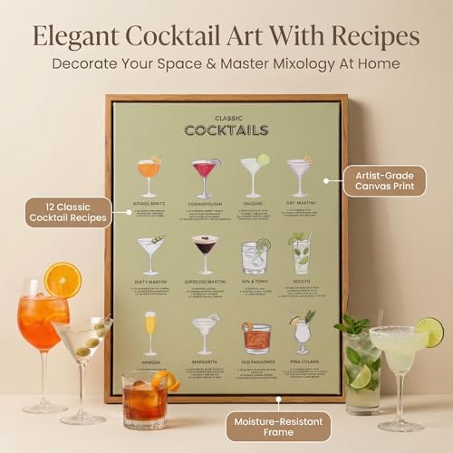 Wallart Street Retro Framed 12x16 inches Classic Cocktails Poster – Illustrated Mixology Guide for Bar, Kitchen, or Home B...
