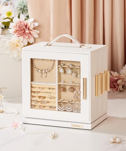 Homde Mothers Day Gifts Jewelry Box 360° Rotating, Necklace Earring Organizer with Transparent Window, Mirror, 7 Drawers, ...