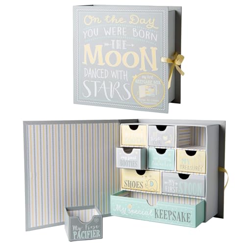 Votum Baby Keepsake Box for Treasured Memories, Moon & Stars - Lightweight, Handcrafted Baby Boxes with 9 Labeled Compartm...