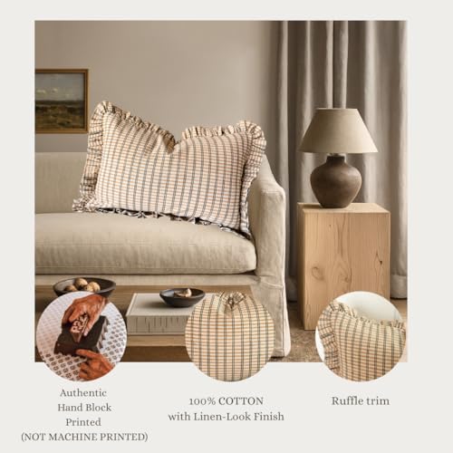 Palm & Loom 100% Cotton Linen Cushion Cover - Mitti Decorative Throw Pillow Case with Brown Check with Self Ruffle Trim - ...