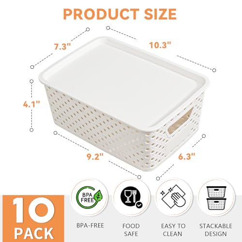 10 Pack Small Plastic Storage Bins with Lids, Stackable Plastic Storage Baskets for Organizing with Handles, Organizer Bin...