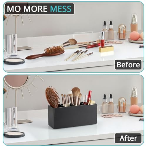 Bivvclaz Pencil Pen Holder for Desk, Wooden Office Desk Organizers and Accessories with 4 Slots for Countertop, Makeup Bru...