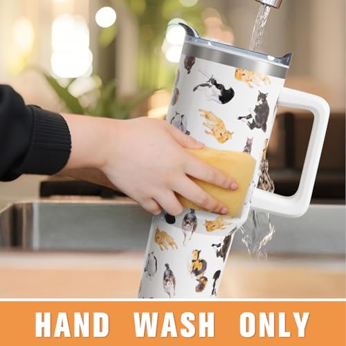 qoepfnsh 40 oz Cat Tumbler with Handle and Straw, Stainless Steel Vacuum Insulated Travel Coffee Mug Cup Water Bottle, Cat...