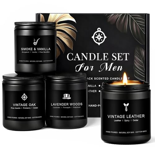 Candles for Men Gift Set, 4 Pack Masculine Scented Soy Candles for Men, Leather, Smoke, Oak & Lavender Scents, Aromatherap...