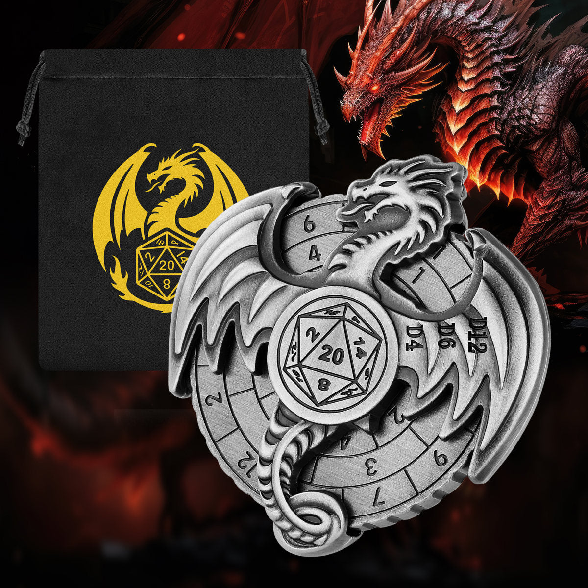 Retro Metal Fantasy Style Wings Biology DND Dice Wheel Precision Mechanical Structure Manual Rotation 20 Sided Dice Center Game Board Game Accessories Portable Retro Design