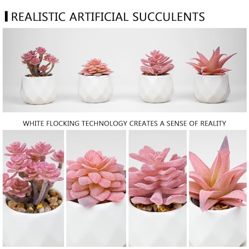 VIVERIE Mini Faux Succulents Plants Artificial in Pots-Rose Pink Desk Accessories, Small Fake Succulents Plants for Home D...