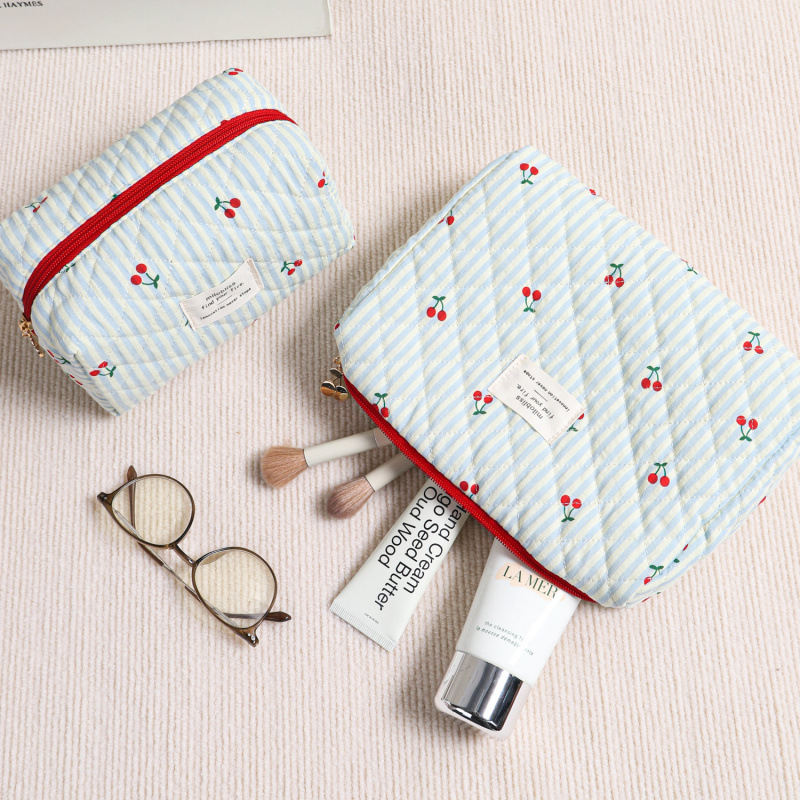 Girly Quilted Cherry Colorblock Striped Makeup Bag