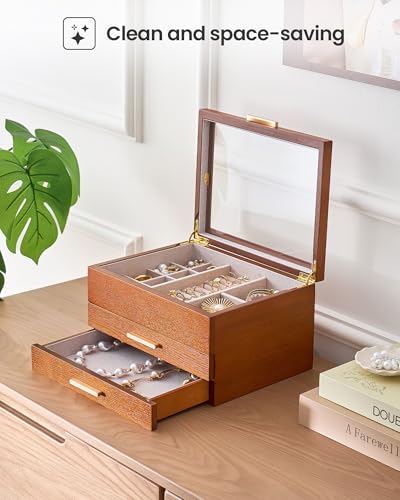 Lolalet Jewelry Box, Clear Window Wood Grain Jewelry Storage for Earrings Bracelets Necklaces Rings, High Capacity Organiz...