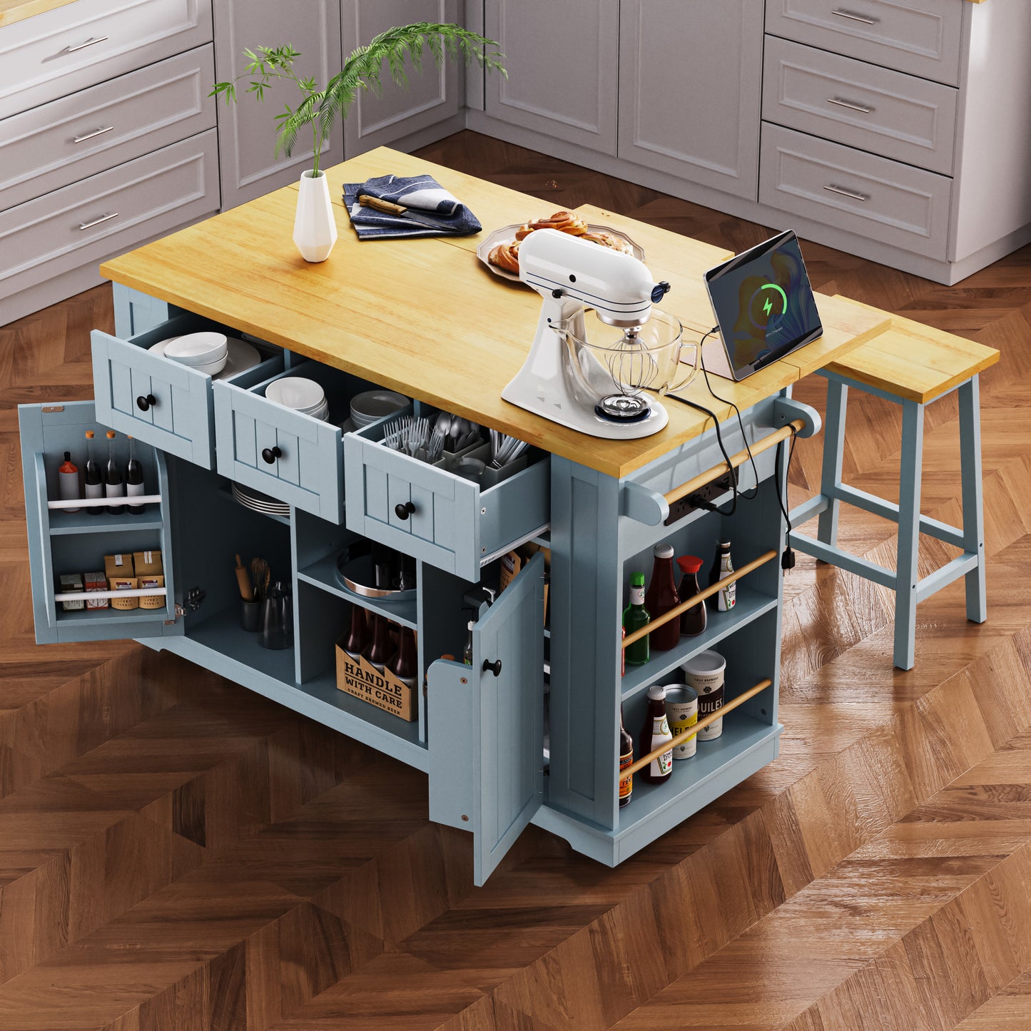 K&K 53inch Large Kitchen Island With 2 Bar Stools,Power Outlet,Door Internal Storage Rack,Kitchen Storage Cart On 5 Wheels With Drop Leaf,5 Open Side Racks,3 Drawers,Grey Blue  Three Packages