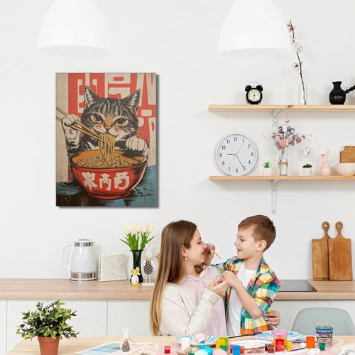 Framed Funny Black Cat Canvas Wall Art Set of 2, Vintage Japanese Cat Eating Ramen Poster, Unique Gifts and Animal Lover P...