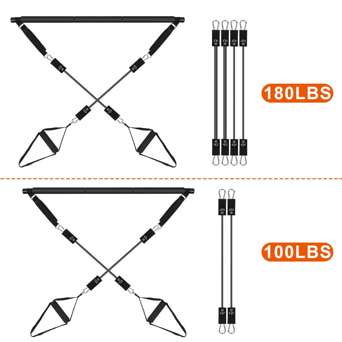100LBS OR 180LBS Band Options - 1Pc Pilates Bar Kit Multifunctional Pilates Yoga Toning Bar Full Body Exercise Equipment Set For Beginners Intermediates Professionals 4 Elastic Resistance Bands