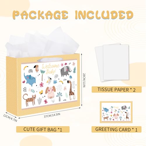 woric 14.5" Baby Gift Bag for Baby Shower with Tissue Paper and Greeting Cards for Boys Girls Birthday Party(Cute Animals)