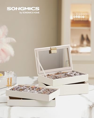 SONGMICS Stackable Jewelry Trays, 4-Tier Jewelry Box, Drawer Jewelry Organizer, with Glass Lid, Removable Dividers, for Va...