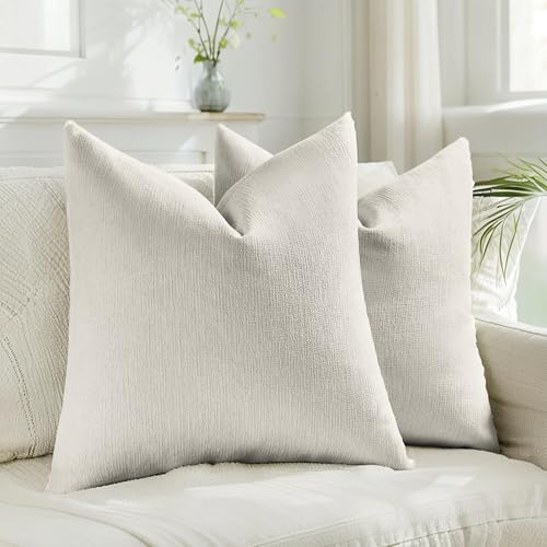 HAUSSY Natural White Wood Throw Pillow Covers 18x18 Inch Set of 2,Boho Decorative Faux Linen Throw Pillows Cozy Farmhouse ...