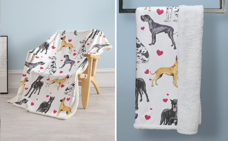 Great Dane Dog Blanket Red Heart Puppy Print Sherpa Fleece Throw Blanket Funny Kawaii Dog Portrait Plush Blankets Love Pets Gift For Women Kids