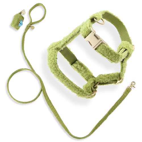 THE LICKER Store WLK1001B-4SET Teddy Small Bouclé Adjustable H Harness and Leash Walk Set with Poop Bag Pouch, Citron