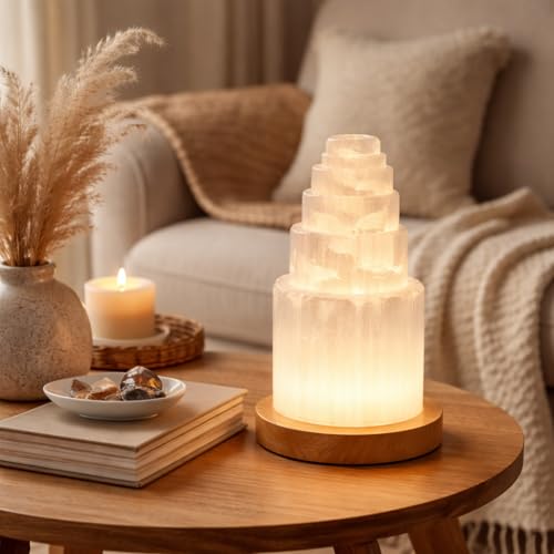 Salt Range Selenite Crystal Lamp 20cm with Wooden Base, USB Powered Natural White Selenite Stone Night Light for Bedroom, ...