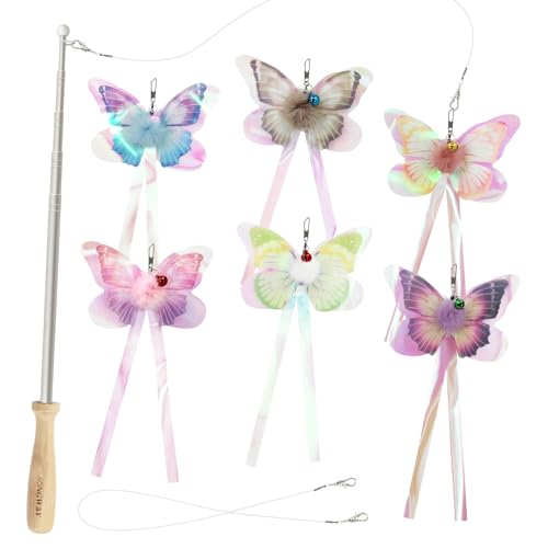 SONGWAY Cat Butterfly Toys Wand - 7 Pieces Cat Toy Set, Retractable Cat Wand with 6 Butterfly Cat Toys Replacement with Be...