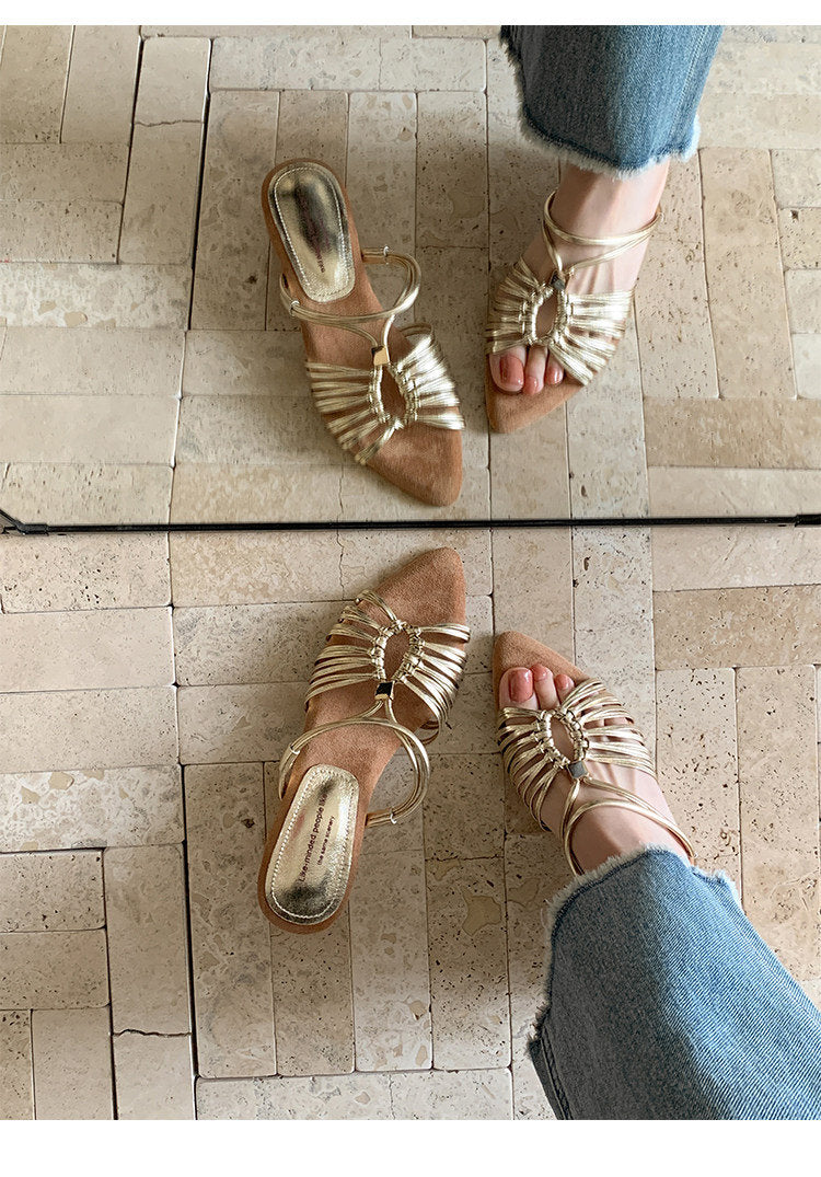 Women Vintage French Pointed Toe Wedge Slide Sandals, Gold Woven Thin Strap One Band Slides, Elegant Versatile Outdoor Roman Sandals
