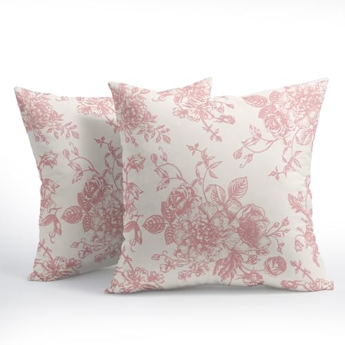 Kawani Pink and Cream Floral Pillow Covers 22x22 Inch Set of 2 Vintage Throw Chinoiserie Flower Pillowcases Farmhouse Cott...