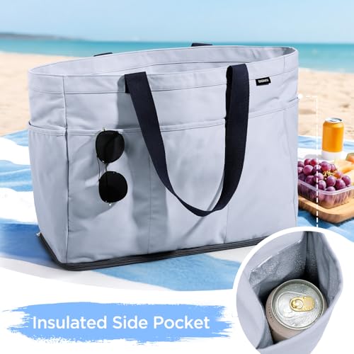 GAGAKU XL Beach Bag with Zipper & Cooler Compartment, Sand-Proof Foldable Large Tote Bag for Cruise, Travel, Family, Women
