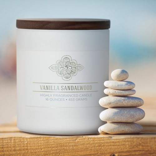 Carolina Vanilla Sandalwood Scented Candle, 16 oz Wellness Relaxing Aromatherapy Candle, 2 Wick White Jar Soy Blend Wax, C...