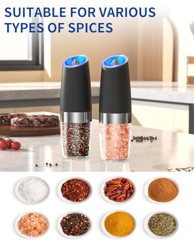 CIRCLE JOY Gravity Electric Salt and Pepper Grinder Set Automatic Salt and Pepper Grinder Set with LED Light, Battery Oper...