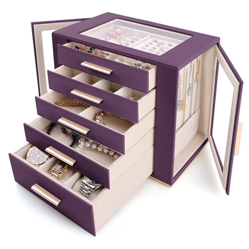 Homeanda Jewelry Box for Women with Glass Lid, 5 Drawers Jewelry Organizer and Storage for Necklaces, Rings, Earrings, Bra...