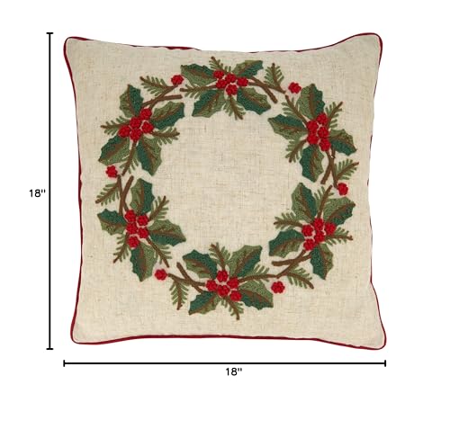 SARO LIFESTYLE Collection Holly Wreath Pillow Cover, 18", Multi