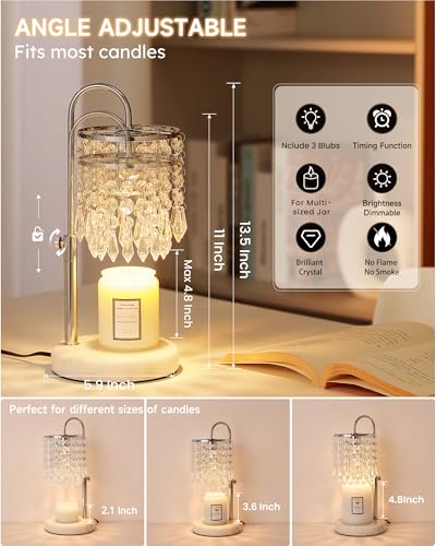 Candle Warmer Lamp with Timer Dimmer and 3 Bulbs, Candle Lamp Warmer with Marble Base for Adjustable Height, Crystal Candl...