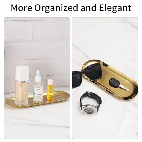 2Pack Gold Decorative Trays Bathroom Vanity Tray for Dresser Counter, Stainless Steel Jewelry Dish Cosmetics Organizer, Pe...
