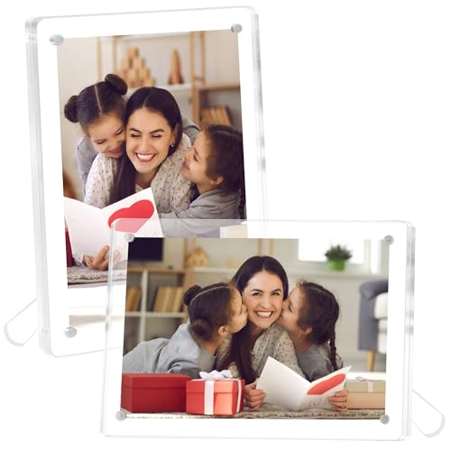 FIXSMITH 2 Pack 4x6 Acrylic Picture Frames, Clear Magnetic Frames with Stand, UV Resistant, Horizontal/Vertical Display, P...