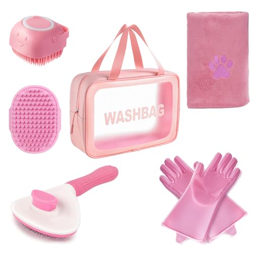 Kemodia 6PCS Pink Dog Washing Kit with Dog Brush, Shampoo Brush, Bath Scrubber,Washing Gloves, 39.7" × 20.5" Towel and Big...