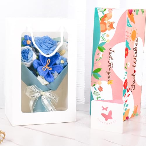 MengxFly Crochet Flower Bouquet Blue, Handmade Crochet Flowers Bouquet, Knitted Floral Gift for Her, with Gift Box, Bag an...