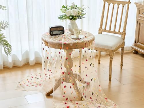 YATOJUZI Champagne Table Runner Embroidery Daisy Summer Floral Decorations Seasonal Tulle Dining Table Runners for Home Ki...
