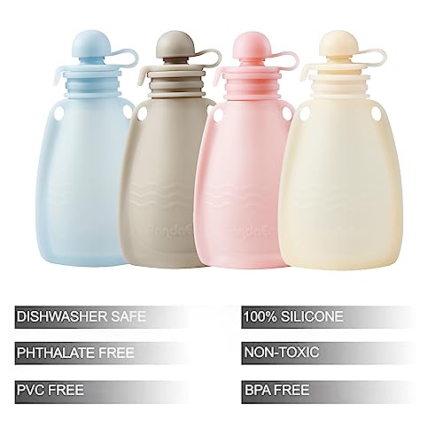PandaEar Reusable Silicone Baby Food Pouches, 4 Pack Squeeze Pouches for Toddler Kids, BPA-Free Silicone Refillable Baby F...