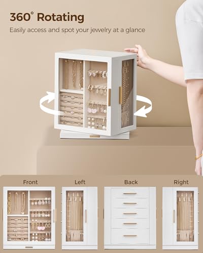 Glimmloop 360° Rotating Jewelry Box with 5 Drawers, Spacious Vertical Jewelry Organizer with Glass Window, Jewelry Storage...