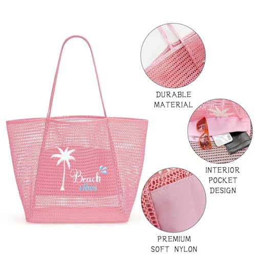ukia Mesh Beach Tote, Large Capacity Beach Bags for Women Foldable Beach Tote Bag with Zipper Pocket