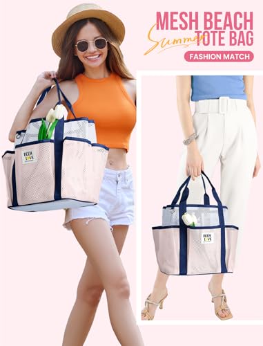 nemeki Mesh Beach Bag for Women Small Beach Tote Bag Sandproof Foldable Swim Pool Bag with 8 Pockets for Travel