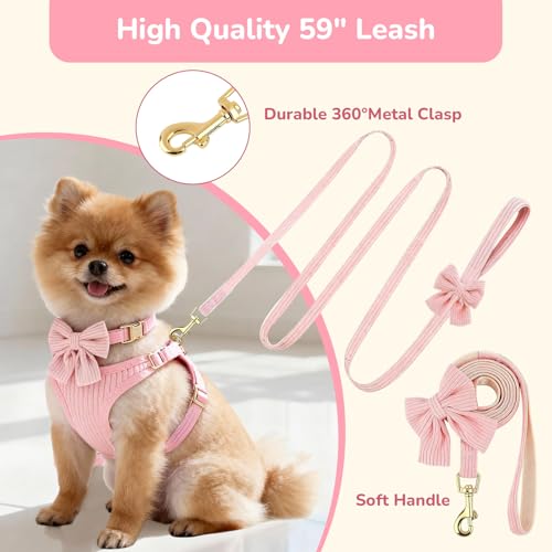 Small Dog Collar Harness and Leash Set, Dog Harness no Pull with Bowtie, Breathable Cotton Adjustable Pet Puppy Harness, E...