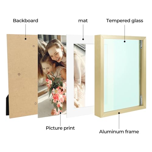 Golden State Art, Gold 5x7 Aluminum Picture Frame - Display Photos 4x6 with Mat or 5x7 inch Without Mat - Shatter-Resistan...