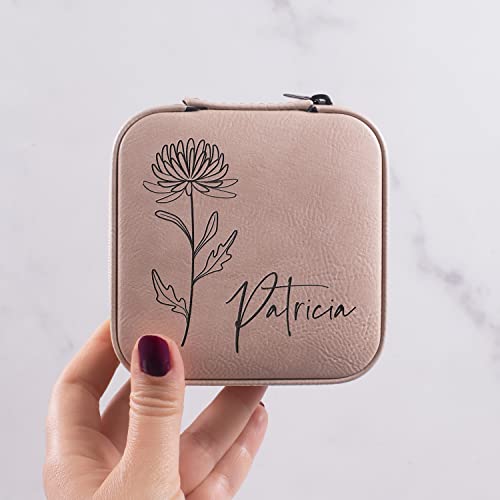 Custom Leather Jewelry Box w/Name & Birth Flower Month - Birthday Gifts for Women, Personalized Jewelry Travel Case - Cust...