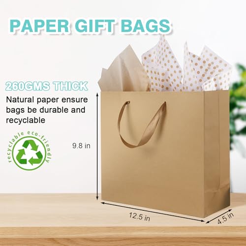 Plauthus Brown Gift Bags with Handles, 4 Pack Large Gift Bags with Tissue Paper, Kraft Paper Gift Bags for Shopping, Part...