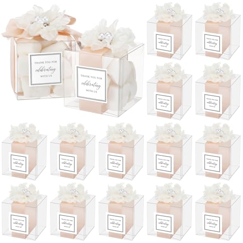 Wenqik 20 Pack Clear Wedding Favor Boxes with Ivory White Pearl Flowers, Ribbon and Thank You Stickers, Elegant Plastic Ca...