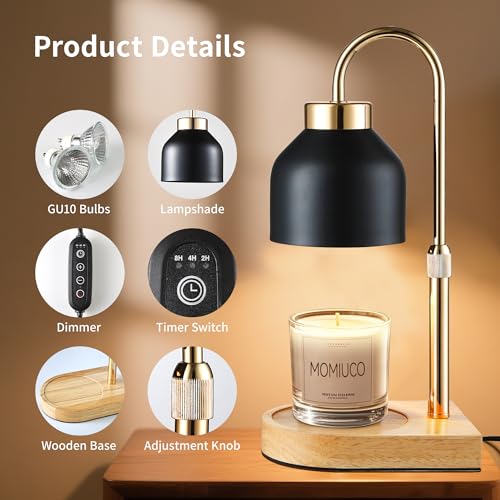 MOMIUCO Candle Warmer Lamp with Timer and Dimmer, Height Adjustable Wax Melt Warmer for Jar Candles, Modern Retro Black Gl...
