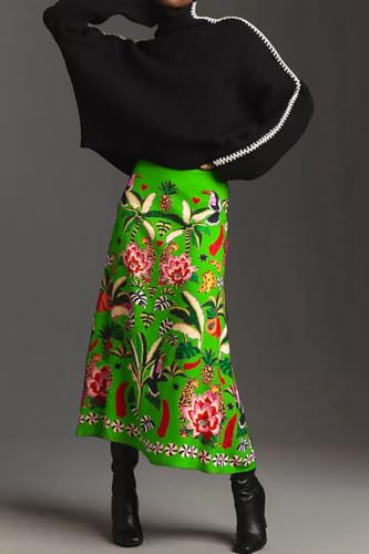 THLAI Womens Skirt Midi Skirt Tropical Plant Print Pink Zipper A-Line Long Skirts Spring Summer Skirt Floral