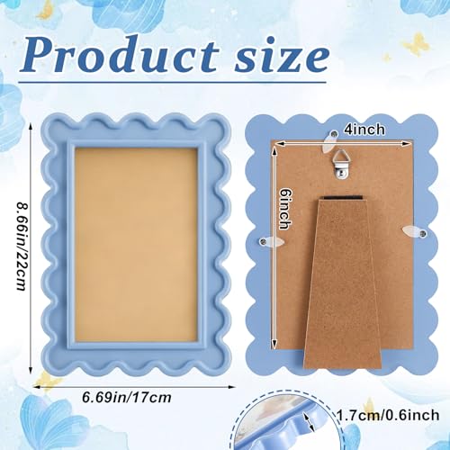 AceOrbit 4x6 Inches Haze Blue Flower Wavy Picture Frame Cute Wavy Edge Wooden Real Glass Photo Frame for Desktop Display H...