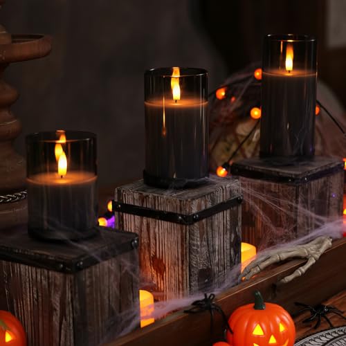 Homemory Grey Glass Flameless Candles, Battery Operated LED Pillar Candles with Remote Control and Timer, Radiance Candle...